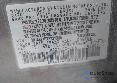 2015 Nissan Sentra Sl z USA, uszkodzony, nr VIN 3N1AB7APXFY310015